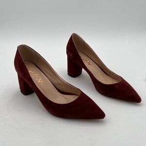 YDN Wine Sude Pointed Toe Mid Heel Pumps Slip on Slide Dress Shoes